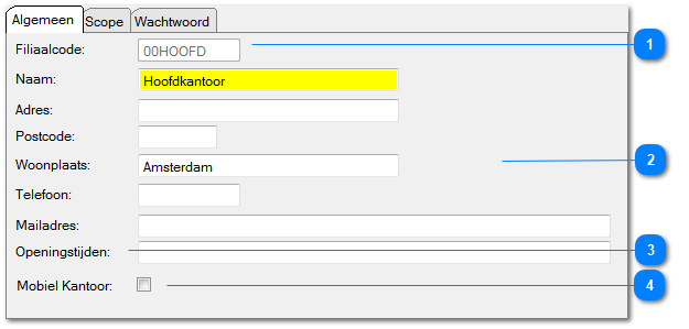 Filiaal: tabblad algemeen